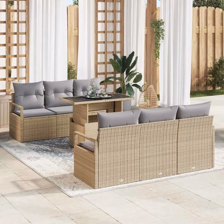 Set Divano da Giardino vidaXL 7 Pezzi a Forma di U con Cuscini, Tavolino e Pouf in Acciaio Verniciato, Grigio e Beige