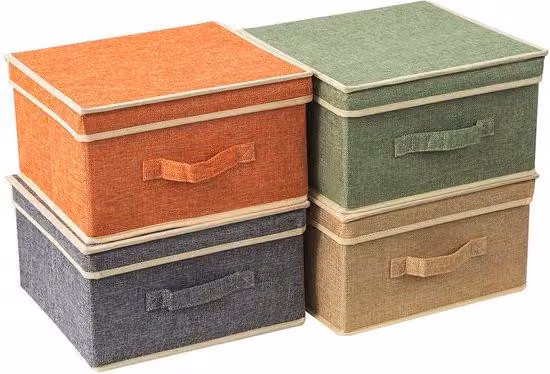 Set di 4 scatole pieghevoli Ibbenzoa®, realizzate in lino e tessuto non tessuto, dimensioni 33,5 x 31,75 x 17,5 cm, colore arancione/verde/grigio/beige, con coperchio e maniglia, ideali per riporre vestiti e mantenere l'