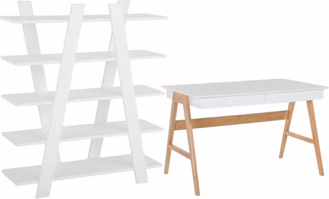 Set di mobili per ufficio, legno chiaro, MDF bianco, vetro, una scrivania, una libreria, un home office minimalista