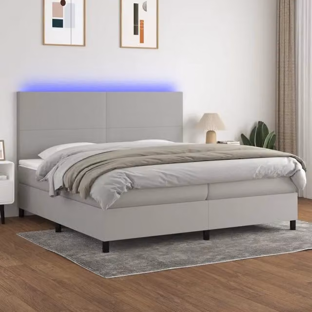 Letto a molle vidaXL con illuminazione LED e porta USB, rivestito in tessuto grigio e bianco, L/P: 200 x 200 cm