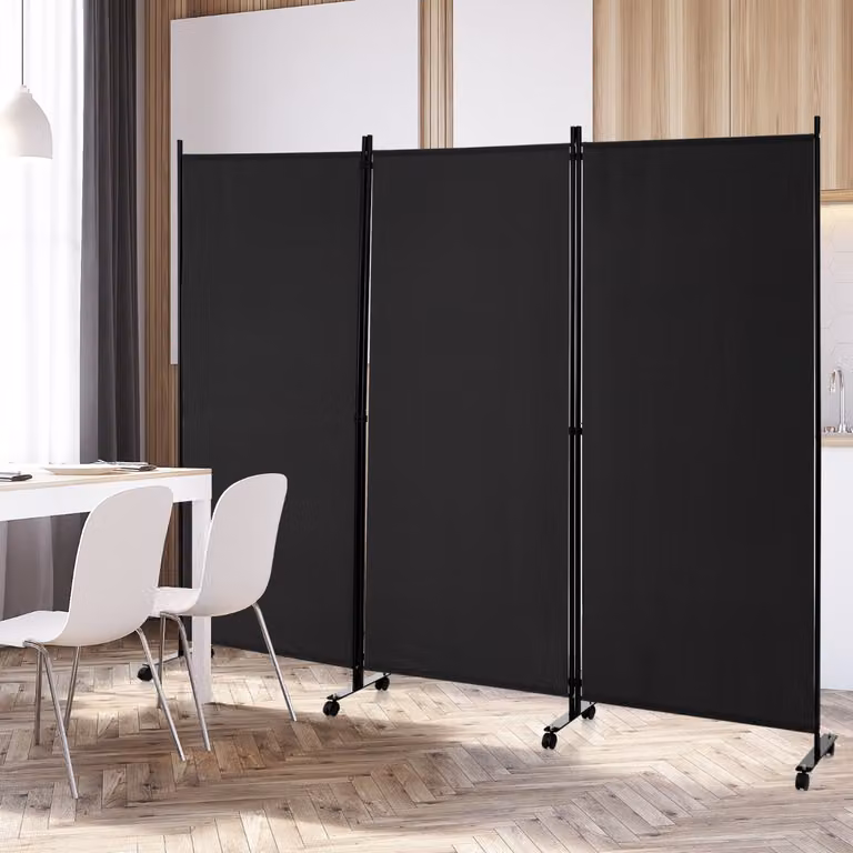 Divisorio Costway a 3 pannelli in tessuto con ruote per privacy, paravento moderno in metallo per casa e ufficio, Nero