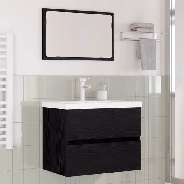 Set di mobili da bagno moderno vidaXL in legno e metallo nero con mobile lavabo e armadietto specchio a parete L/P/H: 61,0 x 39,0 x 45,0 cm