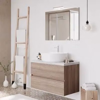 Mobile bagno sospeso Town INBAGNO in rovere fumo con top cenere e specchio con illuminazione LED