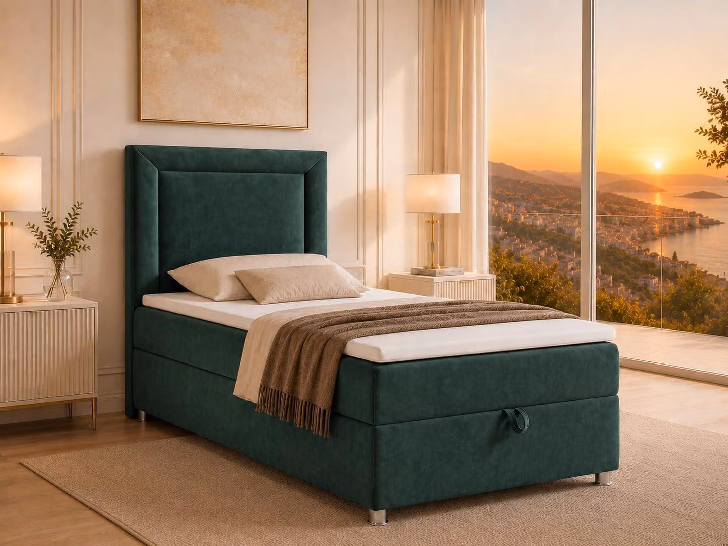 Best for Home Letto boxspring con contenitore Trinity K3-SINGLE 100x200 Materasso a molle Bonell incl. topper - Grun