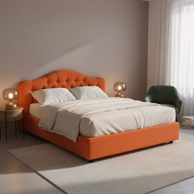 Letto Matrimoniale Arex DMORA con Base Contenitore Alzabile, Rivestimento in Tessuto Arancione e Nero, L/P: 160 x 200 cm