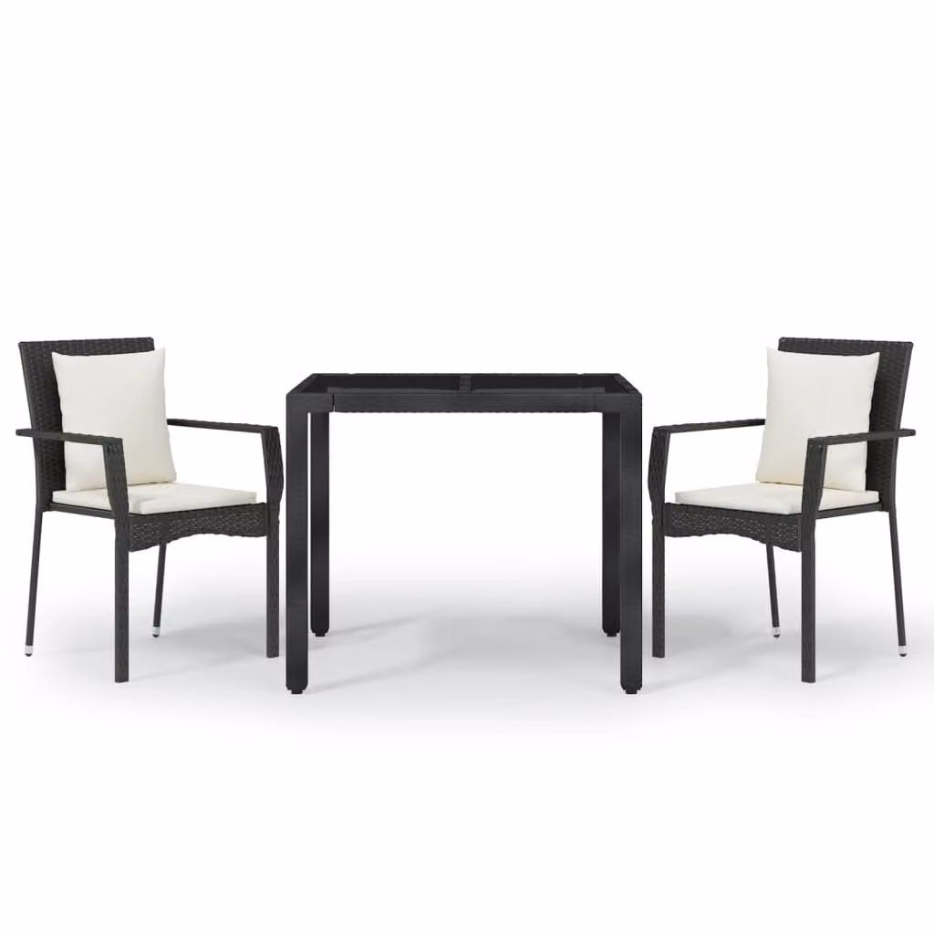 Set da Pranzo da Giardino 3 pz con Cuscini Nero in Polyrattan
