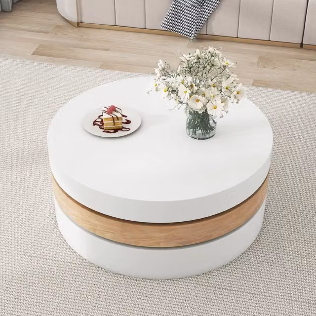 Tavolino basso Mivray con piano girevole a 360 gradi e vano nascosto, tre ripiani in MDF bianco e legno naturale, L/P/H: 60 x 60 x 35.1 cm