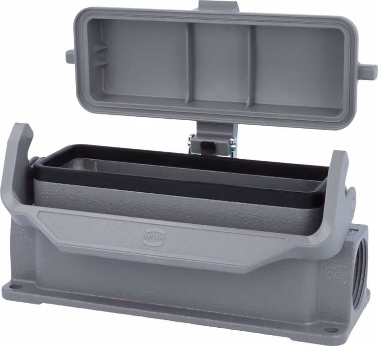HARTING Han 24B Base bassa, 2xPG21 uscita cavi laterale, con 1 staffa longitudinale con cappuccio protettivo in plastica - 1