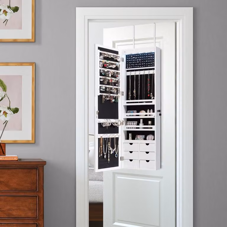 Armadio Portagioie Costway in Legno con Specchio, 6 Cassetti e 5 Luci LED, Bianco, L: 36,5 cm, P: 11,5 cm, H: 120 cm