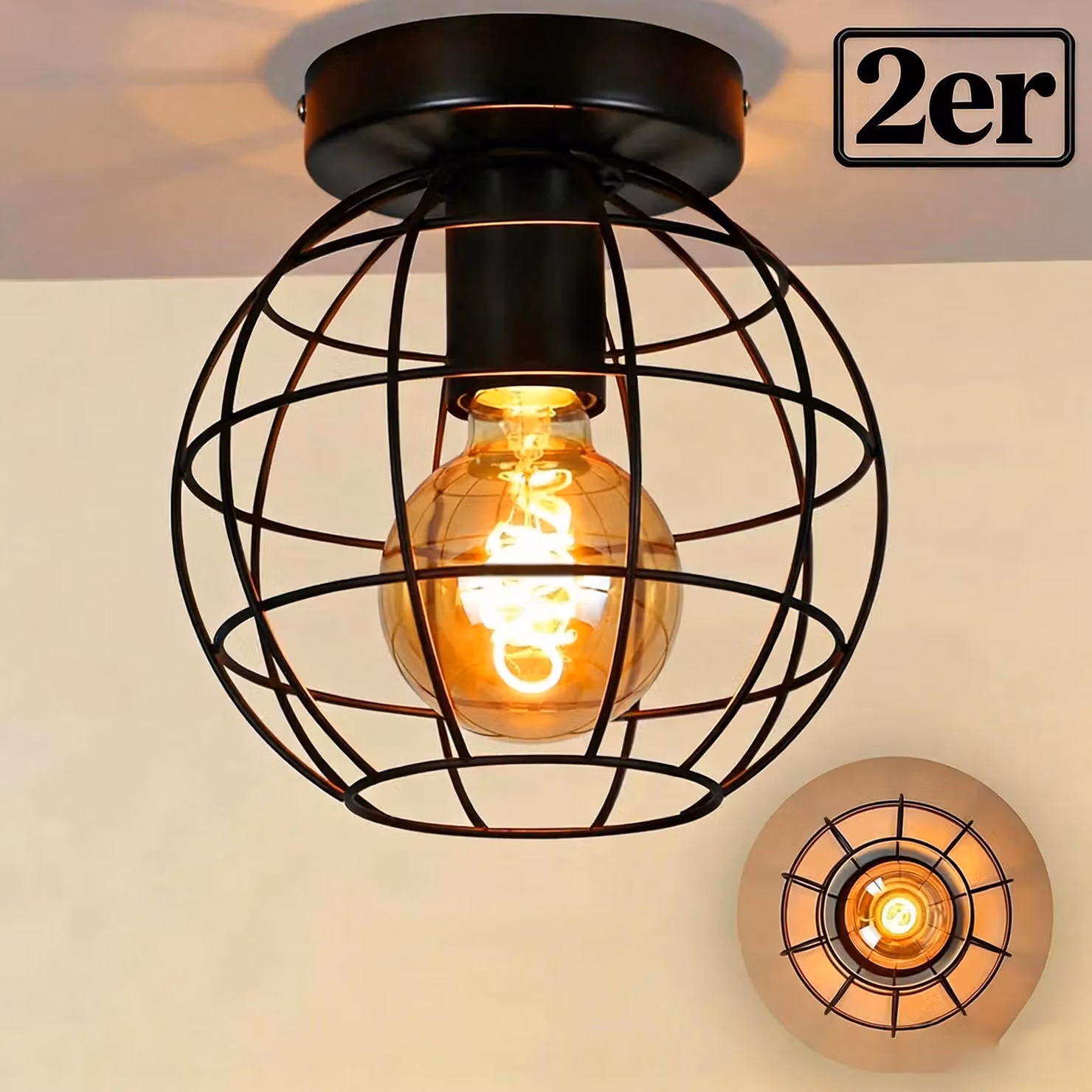 ZMH, set di 2 plafoniere vintage, lampada da soffitto per corridoio, colore nero, stile retrò, attacco E27, lampada industriale rotonda in metallo per corridoio