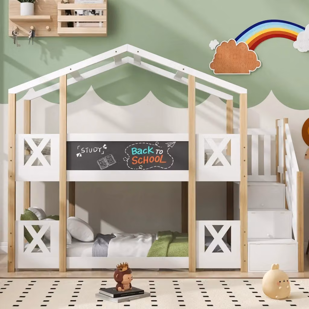 Letto a Castello per Bambini in Legno di Pino e MDF Bianco con Scala Contenitore, Lavagna e Sponde, L/P/H: 205 x 90 x 120 cm – 2