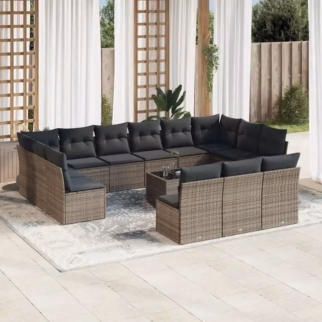 Set di divani da giardino a forma di U VIDAXL in polyrattan grigio con 14 pezzi e cuscini inclusi – 1