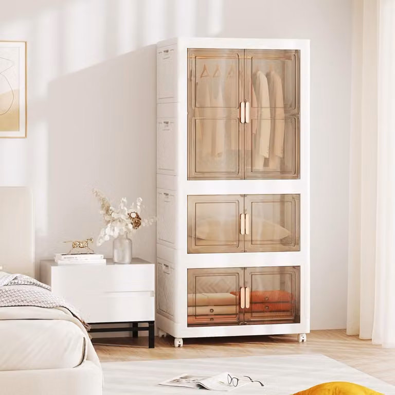 Organizzatore di armadio portatile Costway in plastica con coperchio e 10 appendini, Bianco e Marrone