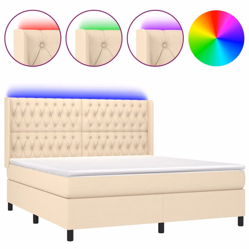 Letto a Molle con Materasso e LED Crema 160x200 cm in Tessuto
