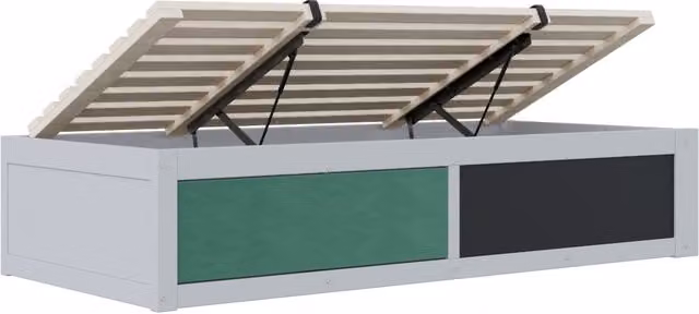 Letto singolo per bambini 90×200 cm con base idraulica, lavagna e ripiano porta libri, struttura in legno grigio