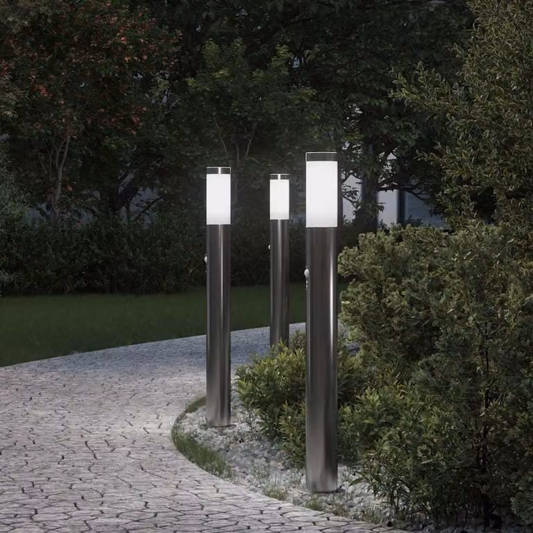 Set di 3 lampioni a dissuasore vidaXL in acciaio inox color argento con sensore di movimento IP44, Altezza: 80 cm