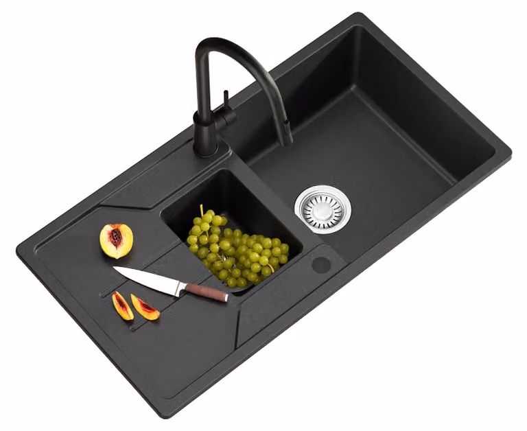 Lavello da cucina, a due scomparti, con scolapiatti integrato, colore nero