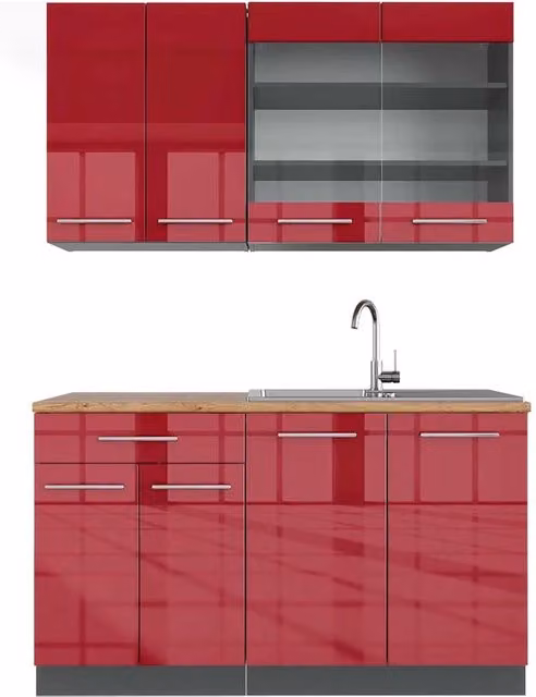 Cucina completa Fame-Line Bordeaux lucido/Antracite 140 cm, PL Rovere Vicco