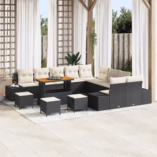 Set Divano da Giardino vidaXL a forma a U in Polyrattan Nero con Cuscini e Tavolino da Esterno – 1