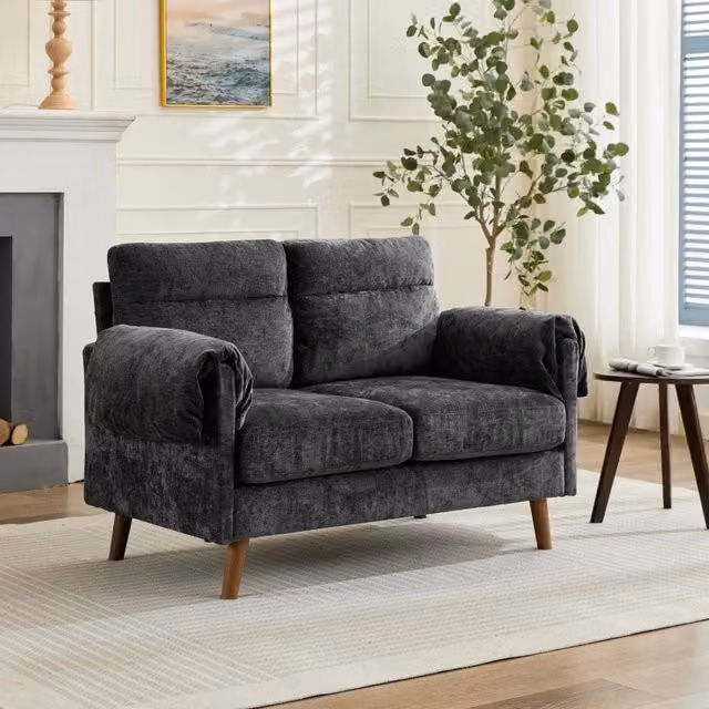 Divano 2 Posti in Tessuto Morbido con Cuscini Imbottiti ¨C MINIMAL ¨C Nero, Gambe in Legno
