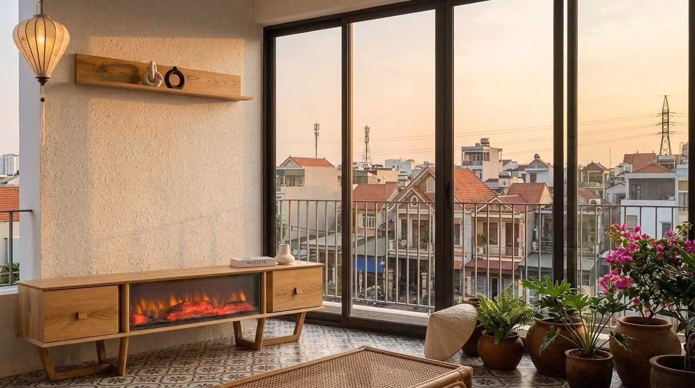 Mobile parete, armadio, credenza, soggiorno, stile moderno, colore marrone, pratico, decorazioni, camino
