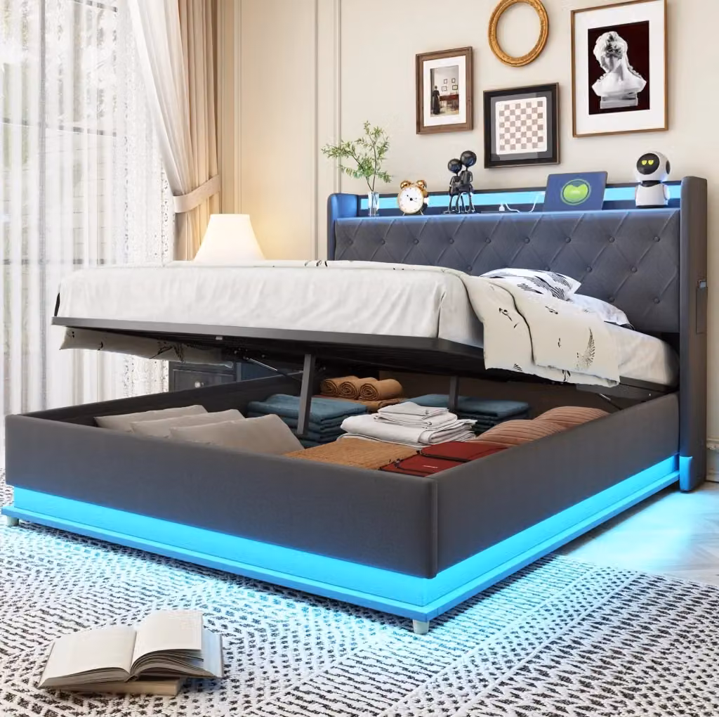 Letto imbottito MODFU con contenitore idraulico, illuminazione LED e porte USB, tessuto effetto lino grigio, L/P: 140 x 200 cm – 2