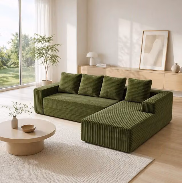 Divano componibile a L con chaise longue reversibile; 2 elementi; velluto a coste verde; senza montaggio