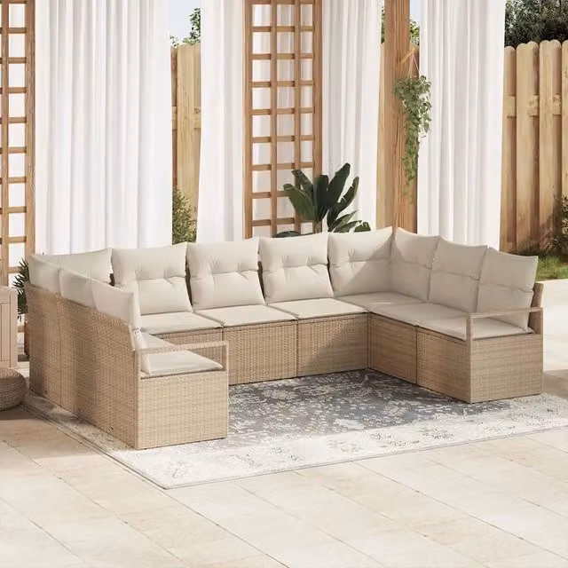 Set Divano da Giardino 9 pz vidaXL in Polyrattan con Cuscini Beige e Bianco – 1