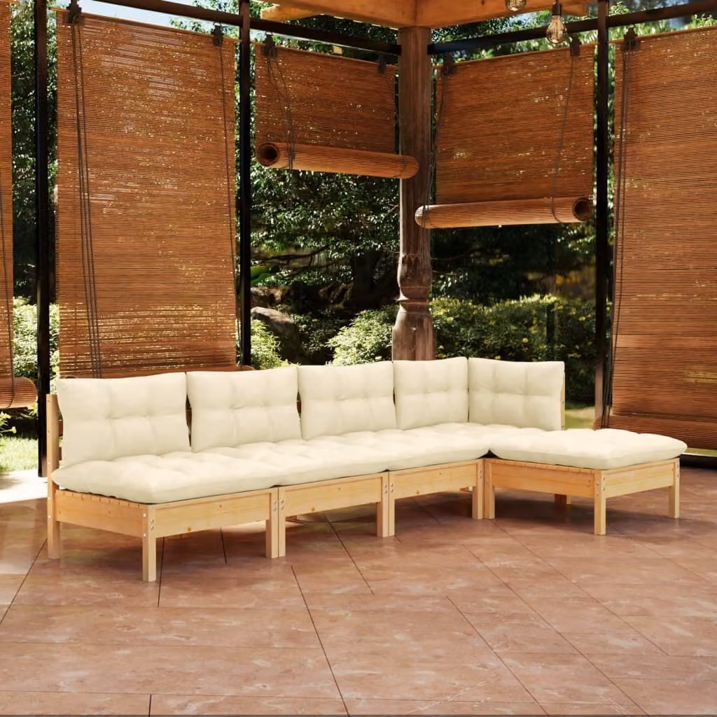 The Living Store Set salotto da giardino 5 pezzi con cuscini crema legno di pino