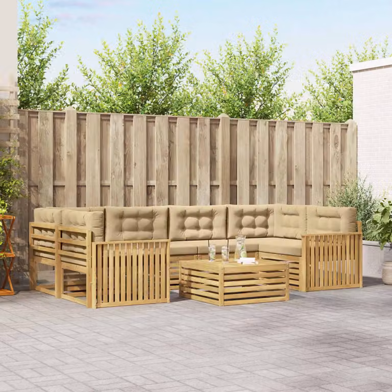 Set di divani da esterno vidaXL 7 pz in legno di acacia con tavolo da caffè, colore bianco, beige e marrone