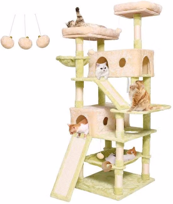 Ibenzoa® Albero per gatti di 180 cm, ideale per gatti di grossa taglia: include una casetta, piattaforme panoramiche, un'amaca, pali in sisal, una cuccia in peluche e possibilità di fissaggio a parete