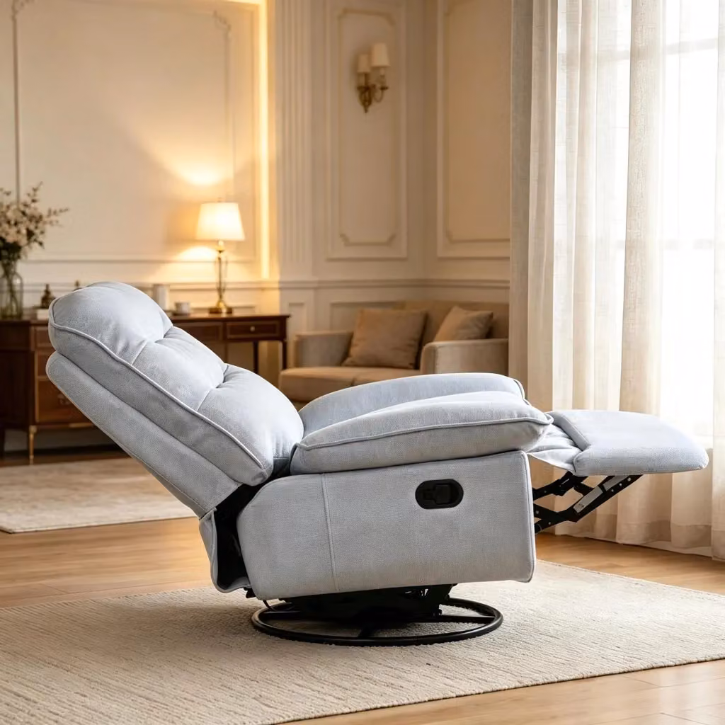 Poltrona relax girevole OKWISH con schienale reclinabile e vano portaoggetti in tessuto azzurro chiaro – 2