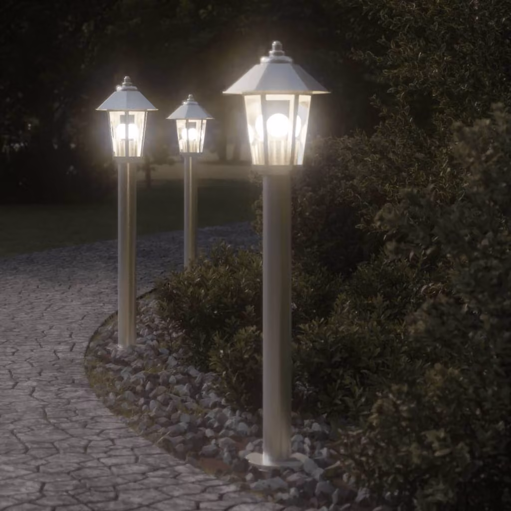 Set di 3 lampade da terra per esterni vidaXL in acciaio inox e plastica, colore argento, altezza: 80 cm