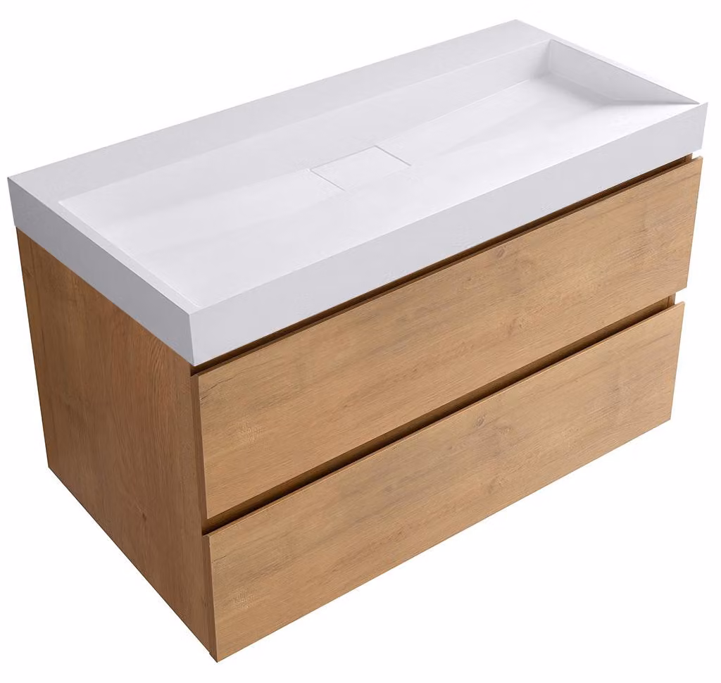 Mobile bagno Carole - impiallacciatura di faggio miele + lavabo in marmo artificiale Vita - bianco opaco - 100x58x46 cm