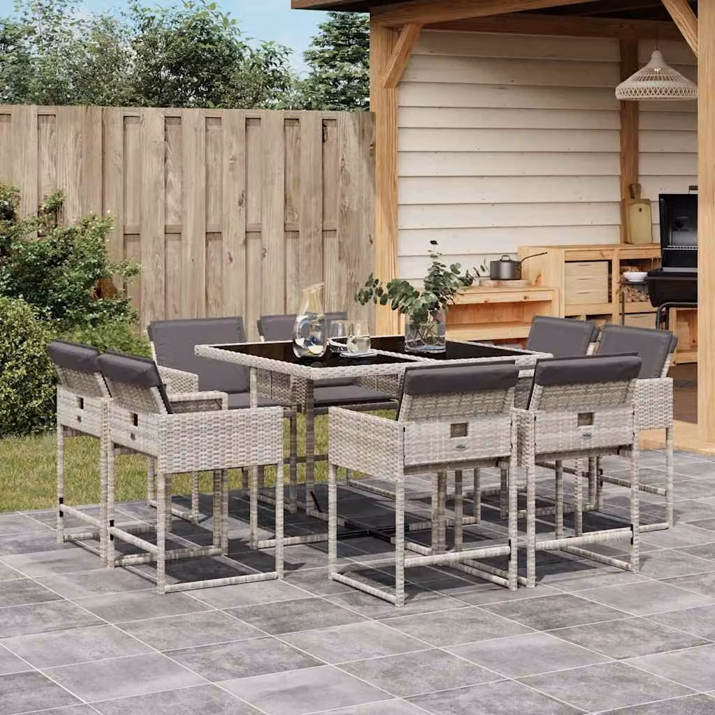 Set Pranzo da Giardino vidaXL in Polyrattan con Cuscini e Piano in Vetro, 9 Pezzi, Grigio Antracite – 1