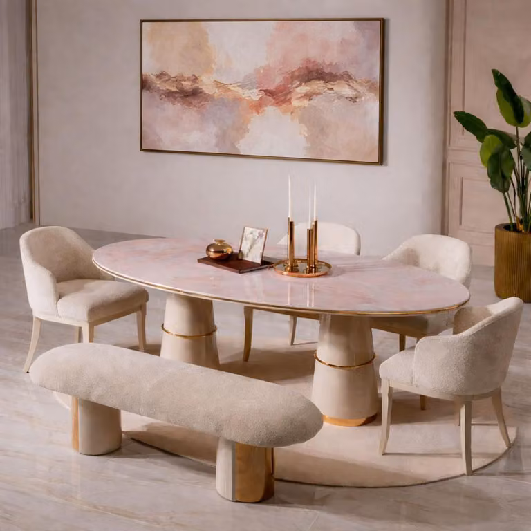 Set da pranzo moderno color beige: tavolo da pranzo ovale, sedie e panca imbottita