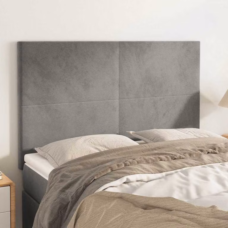 Testiera per letto vidaXL in velluto grigio chiaro con pannello imbottito, L: 144 cm, P: 5 cm, H: 118/128 cm