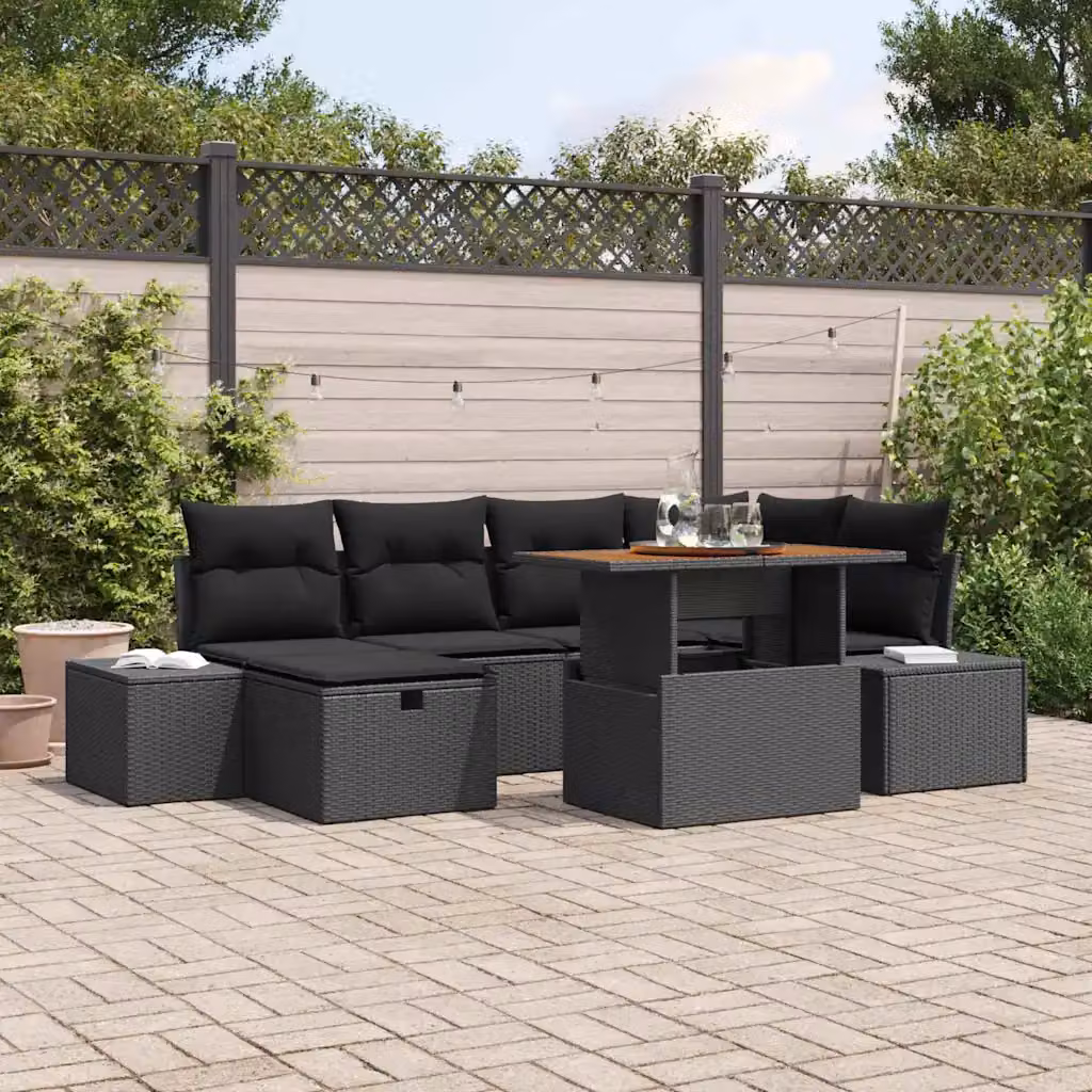 Set Divano da Giardino vidaXL in Polyrattan Nero con Cuscini e Tavolino da 7 Pezzi – 1