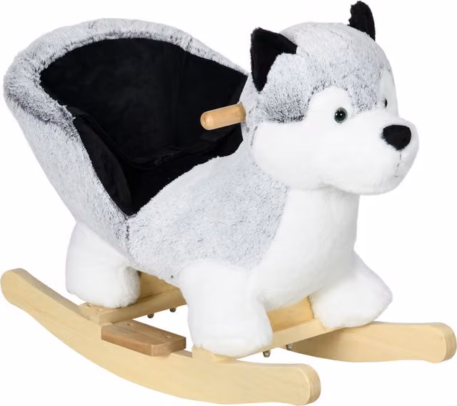 Cavallo a dondolo Husky peluche HOMCOM grigio con pedali, suoni e cintura di sicurezza per bambini, L/P/H: 60 x 33 x 50 cm