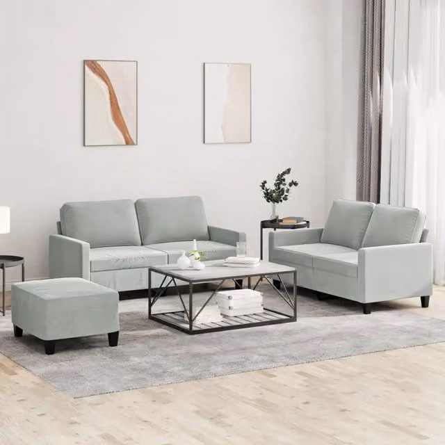 Set di 3 divani vidaXL in velluto grigio con cuscini e struttura in metallo e MDF per soggiorno in stile moderno – 1