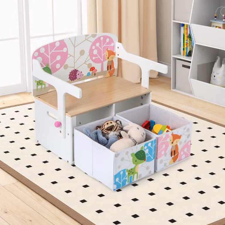 Panchina attività convertibile Costway per bambini con set tavolo e sedie e 2 cassetti in tessuto rimovibili, Bianco