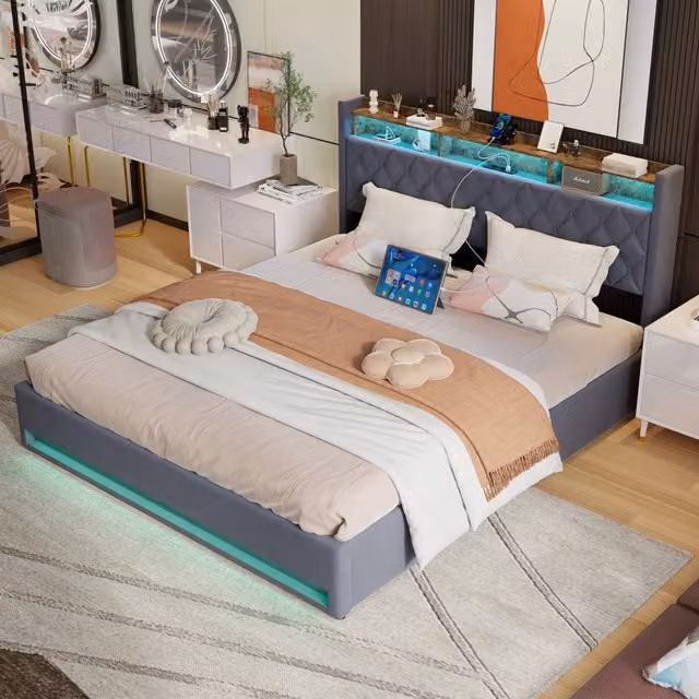 Letto matrimoniale imbottito in velluto grigio con LED, USB e contenitore 180x200 cm