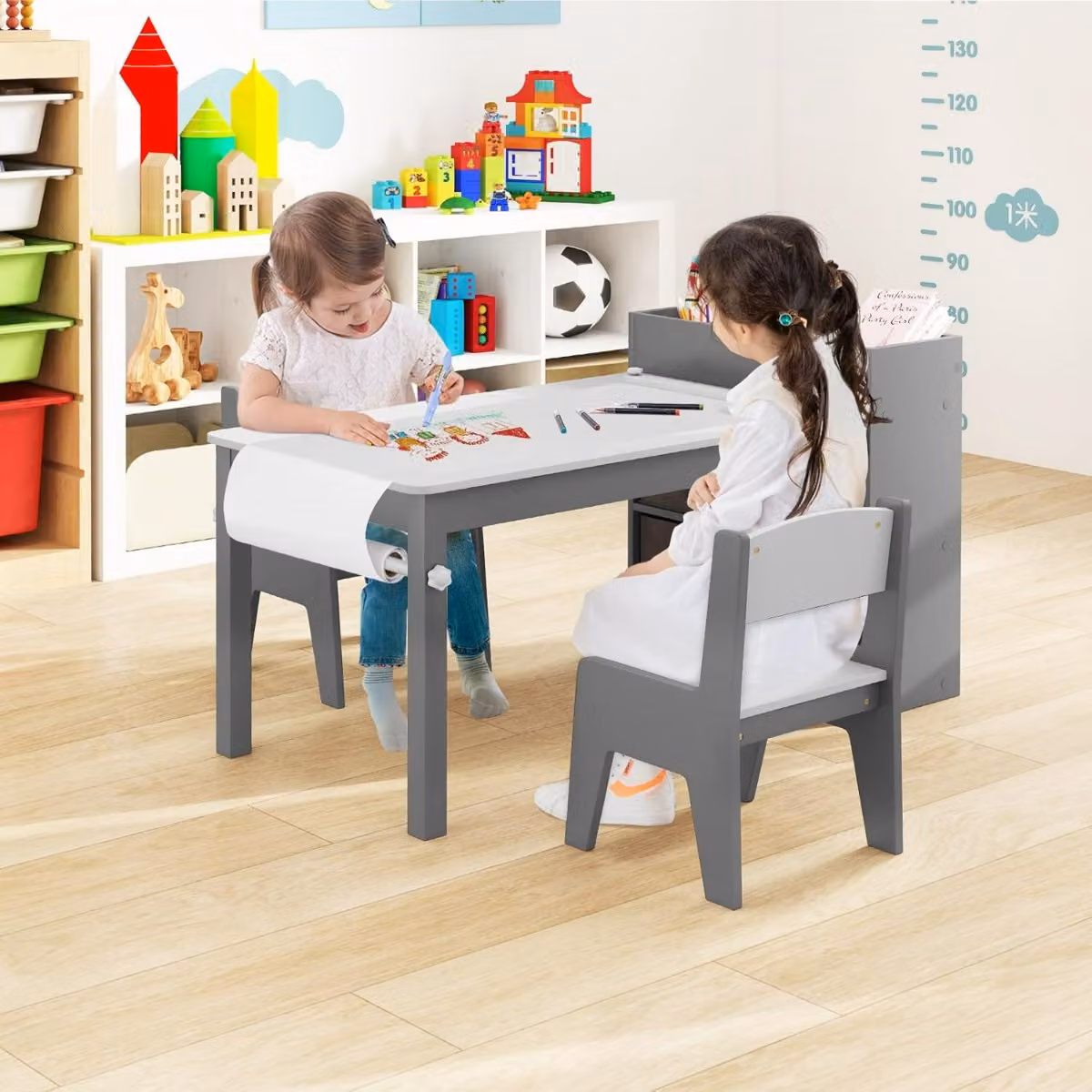 Set tavolo e sedie da attività Costway per bambini, colore grigio e bianco, ideale per la stanza giochi