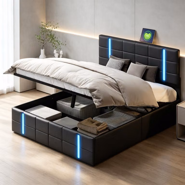 Letto con boxspring, imbottito, 140x200 cm, con LED e USB, letto con sistema di sollevamento idraulico e contenitore, struttura letto matrimoniale con rete a doghe, rivestito in PU, colore nero