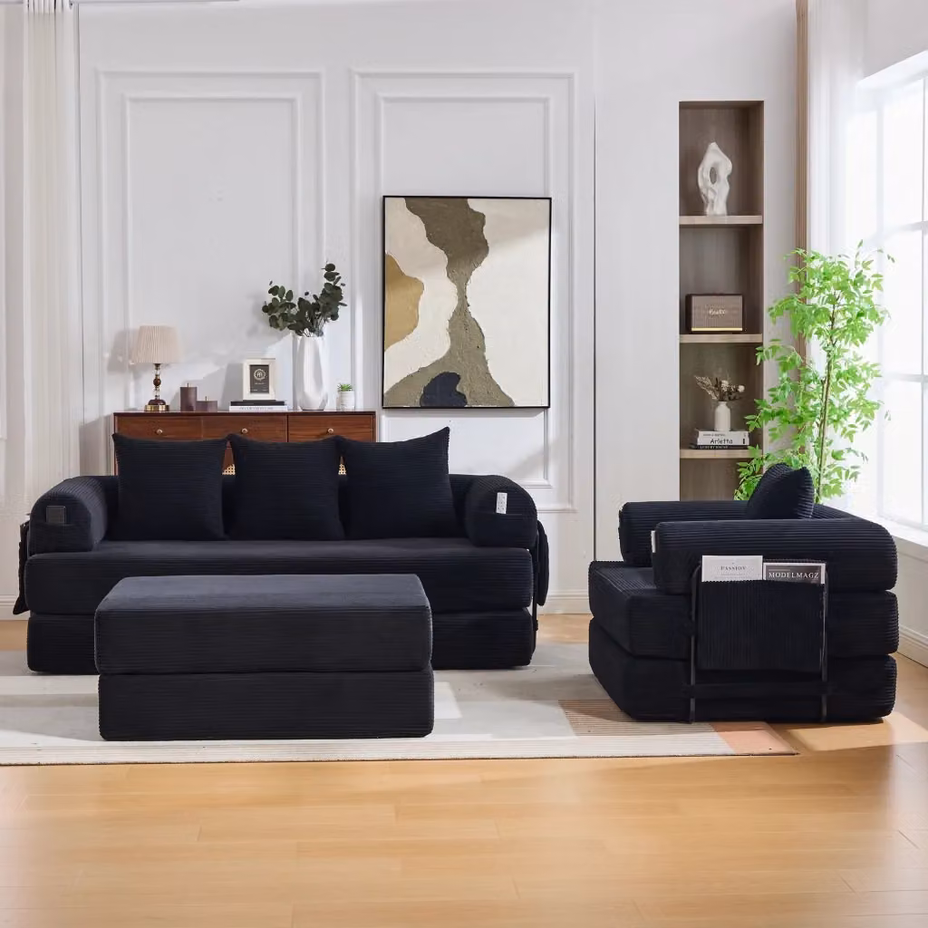 Divano modulare a L OKWISH in velluto con pouf coordinato e cuscini, struttura in metallo nero per soggiorno, L 200 x P 94 x H 43 cm – 2