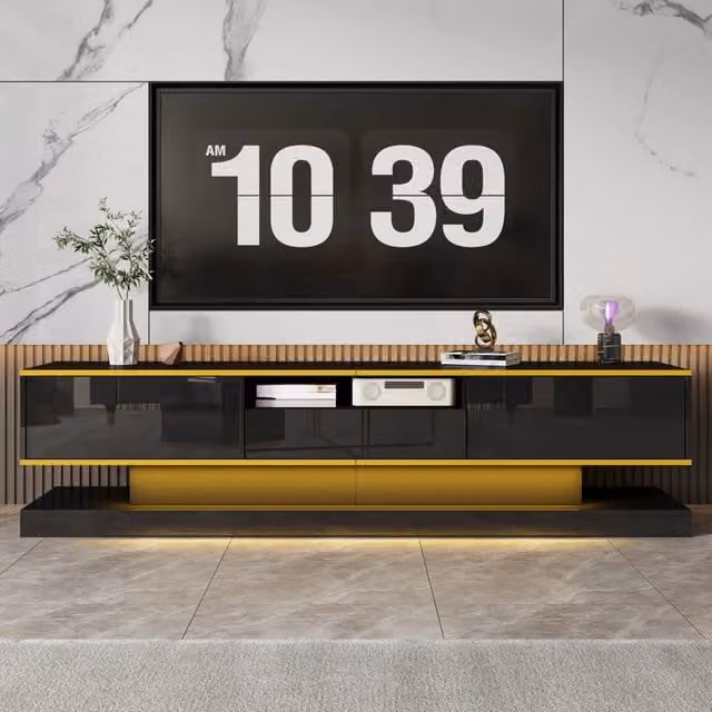 Mobile TV moderno 180x38x45 cm, 3 cassetti e 1 vano aperto, finitura lucida con LED a cambio colore