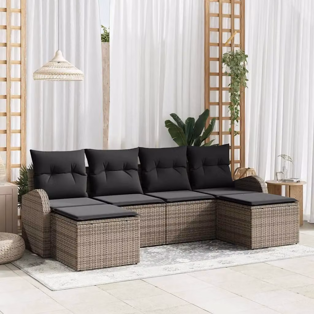 Set di divani da giardino vidaXL a forma di L con 6 pezzi, colore grigio, in rattan e metallo con cuscini inclusi – 1