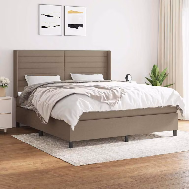 vidaXL Giroletto a Molle con Materasso in Tessuto Beige e Bianco L/P/H: 160 x 200 x 128 cm