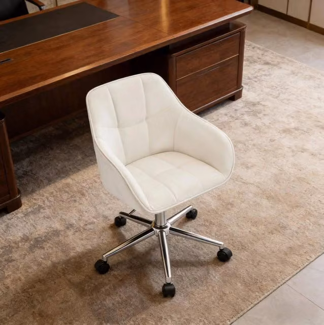 Sedia da ufficio ergonomica moderna in velluto bianco con base in metallo, girevole a 360 gradi e con ruote, ideale per home office – 1