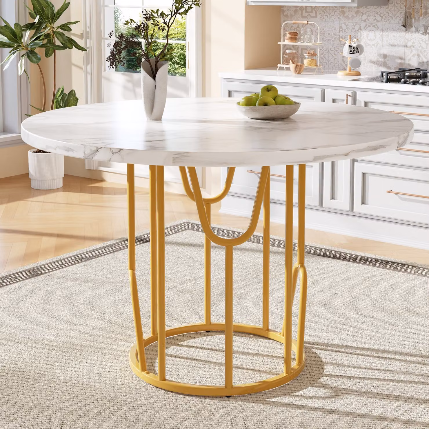 MODFU Tavolo da pranzo, tavolo da cucina, tavolo rotondo per 4-6 persone, tavolo in marmo adatto per sala da pranzo e soggiorno, gambe dorate